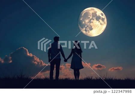 silhouette of loving couple at night in front of moon 122347998