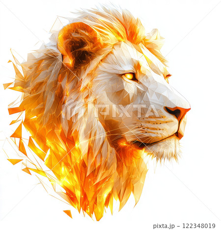 Low poly lion portrait with neon geometric patterns glowing in gold and orange hues on white background 122348019