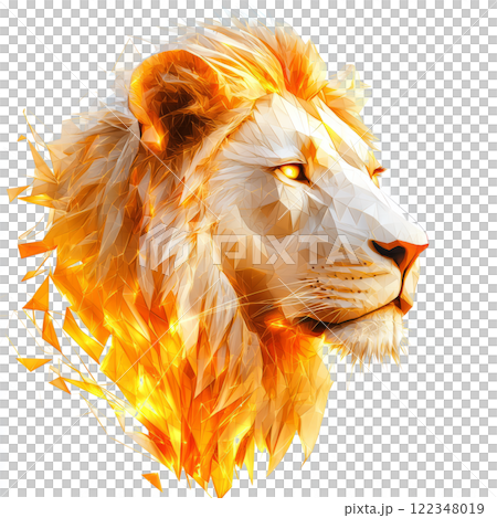 Low poly lion portrait with neon geometric patterns glowing in gold and orange hues on white background 122348019