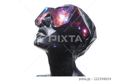 stargazer with glowing patterns of distant galaxies inside the eyes, low poly on a white background 122348024