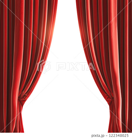 Luxurious red velvet curtains slightly parted at the center, on a simple white background. 122348025