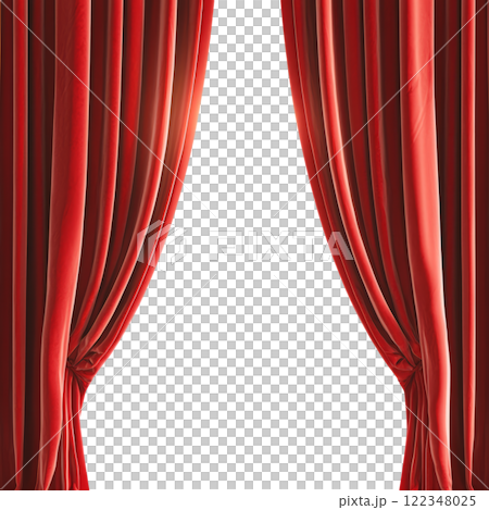 Luxurious red velvet curtains slightly parted at the center, on a simple white background. 122348025