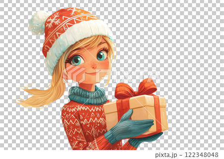 Snow Maiden, offering a beautifully wrapped gift with a bow, on a white background 122348048
