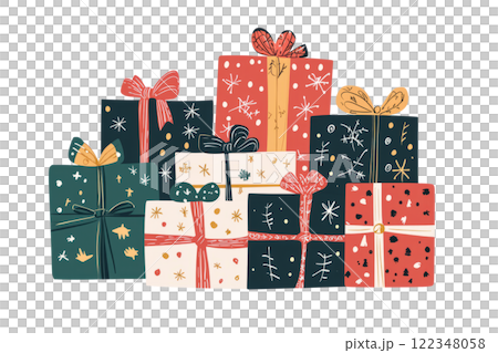 Neatly stacked Christmas presents wrapped in festive paper with ribbons and bows. Neatly stacked Christmas presents wrapped in festive paper with ribbons and bows. 122348058