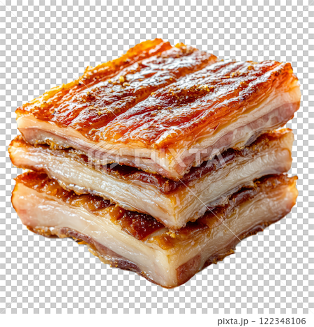 sliced pork belly with layers of fat and lean meat, on a white backdrop 122348106