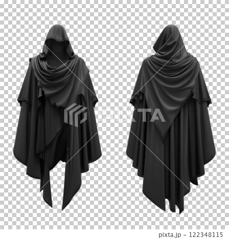 Fashionable autumn poncho, black, showing front and back, on a white background 122348115