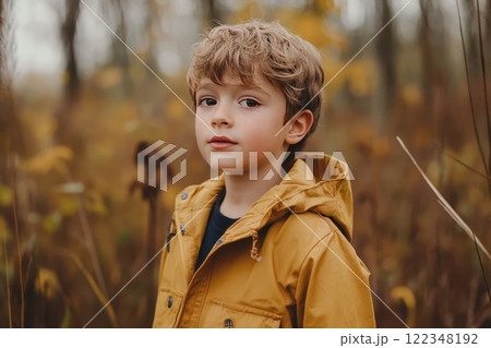 closeup of cute face of little oy on autumn sunny day 122348192