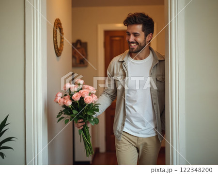 man going to give flowers to his wife. valentine day concept man going to give flowers to his wife. valentine day concept 122348200