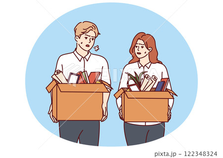 Dismissed man and woman with boxes leave workplaces after reduction of company staff due to crisis 122348324