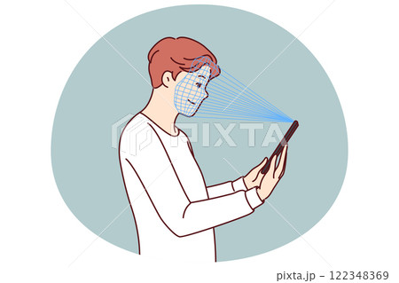 Man uses facial recognition feature on phone to pass verification and gain access to app 122348369