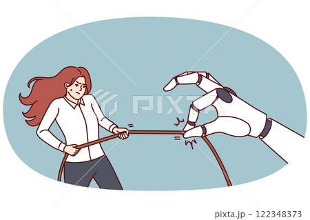 Woman and giant robot arm for concept of fight between human and artificial intelligence for jobs 122348373