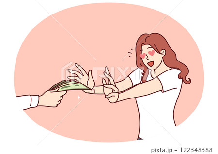 Excited woman reaches for money in man hand for concept of financial reward or payment for services 122348388