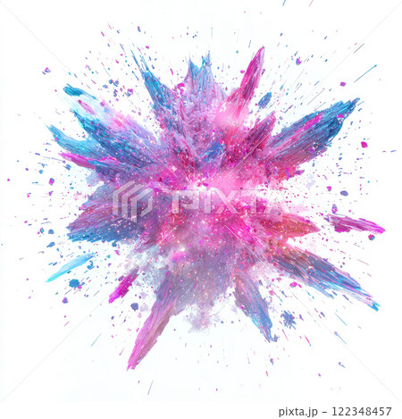 Cosmic explosion with glowing pink and blue fractal debris, low poly on a white background 122348457