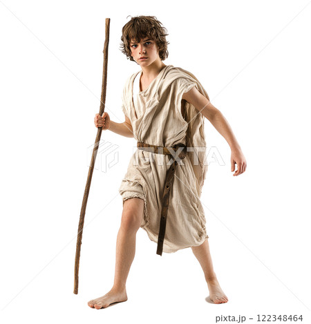David as a young shepherd, holding a sling,  white background. 122348464