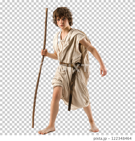 David as a young shepherd, holding a sling,  white background. 122348464