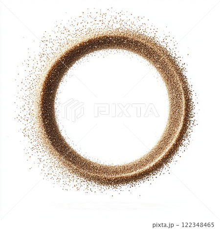 Delicate grains of sand creating a circular splash effect, suspended in mid-air on a white background. 122348465