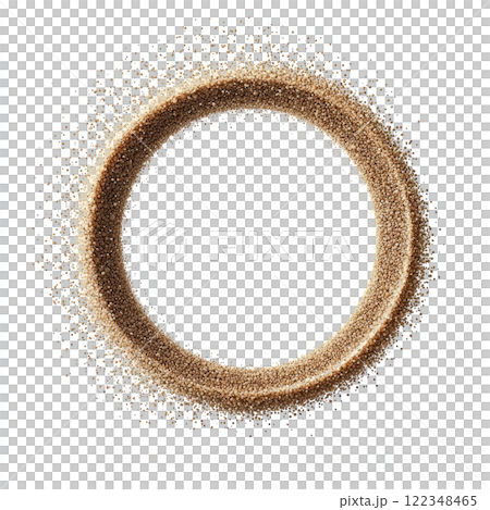 Delicate grains of sand creating a circular splash effect, suspended in mid-air on a white background. 122348465
