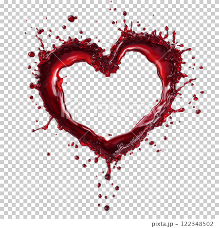 blood drops forming a heart shape as they splash, isolated on a pristine white background 122348502