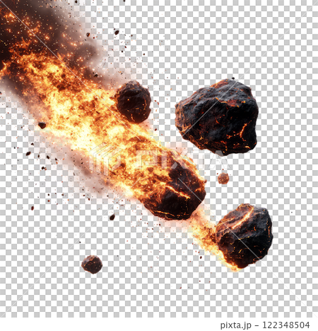 Asteroids fully engulfed in flames, evoking a sense of catastrophe 122348504