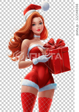 Snow Maiden standing with festive  large present,  isolated on a white background . Happy New Year 122348508
