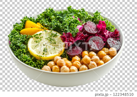 plant-based salad with kale, roasted chickpeas, beets, and a lemon vinaigrette on a minimalist white background 122348510