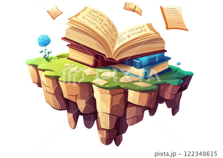 Floating library island with floating books and enchanted scrolls, set in the air on a white background 122348615