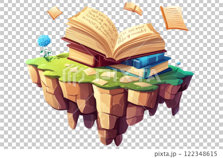 Floating library island with floating books and enchanted scrolls, set in the air on a white background 122348615