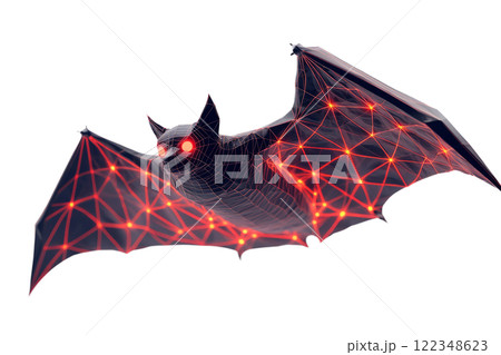 Bat with glowing red grid patterns across its wings,  low poly on a white background. 122348623