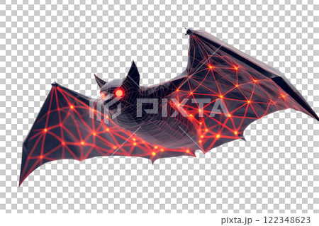 Bat with glowing red grid patterns across its wings,  low poly on a white background. 122348623