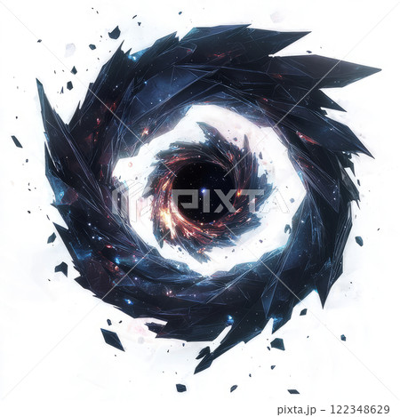 Galaxy with glowing polygonal arms swirling around a central black hole, low poly on a white background 122348629