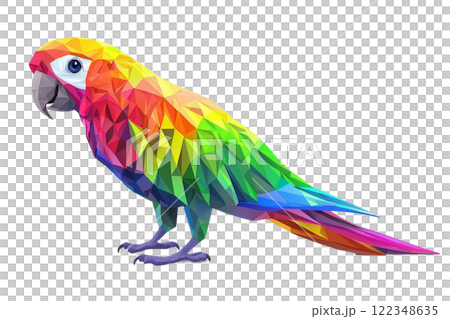 Low-poly parrot with glowing rainbow patterns on its wings and tail, on a white background 122348635