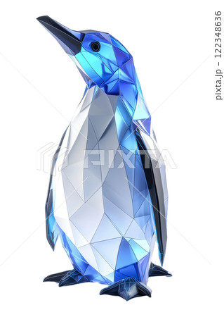 Penguin with glowing blue and white ice-themed designs, low poly on a white background. 122348636