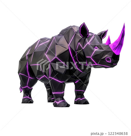 Rhino with glowing purple armor-like lines across its body, low poly on a white background. 122348638