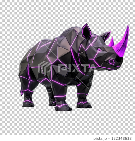 Rhino with glowing purple armor-like lines across its body, low poly on a white background. 122348638