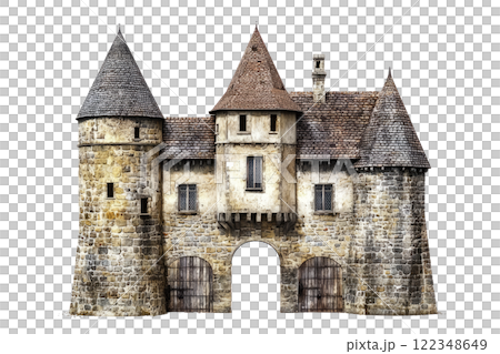 Medieval European fortress gatehouse with stone walls, isolated on white Medieval European fortress gatehouse with stone walls, isolated on white 122348649