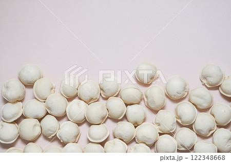 Frozen dumplings on neutral background with copy space. Frozen dumplings on neutral background with copy space. 122348668