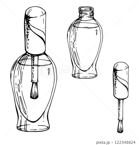 Manicure pedicure nail cuticle polish varnish lacquer, fingernail care treatment, isolated object line vector sketch hand drawn in ink. Beauty parlor salon illustration, packaging, cosmetics shop 122348824