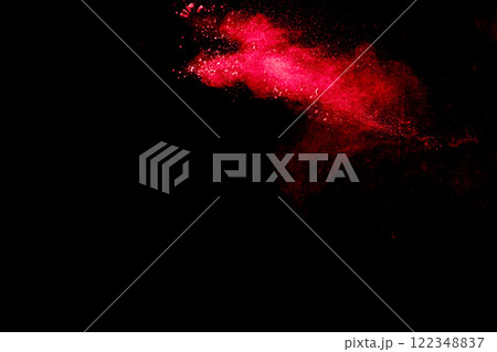 Red dust particles explosioon on black background.Red powder splash. Red dust particles explosioon on black background.Red powder splash. 122348837