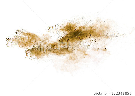 Deep brown powder dust explosion on white background. 122348859