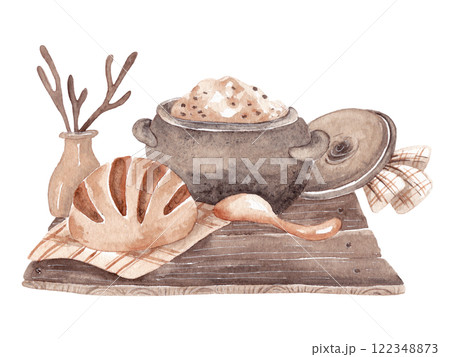 Village breakfast on a wooden table: porridge in a cast iron pot. Isolated watercolor illustration in brown and beige tones for your design Village breakfast on a wooden table: porridge in a cast iron pot. Isolated watercolor illustration in brown and beige tones for your design 122348873