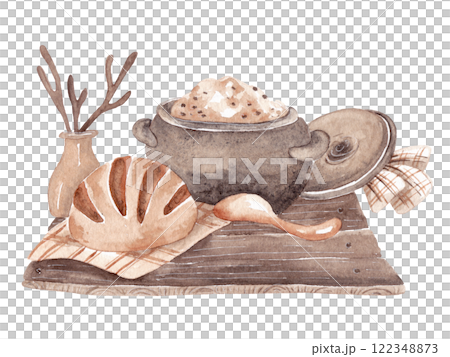 Village breakfast on a wooden table: porridge in a cast iron pot. Isolated watercolor illustration in brown and beige tones for your design Village breakfast on a wooden table: porridge in a cast iron pot. Isolated watercolor illustration in brown and beige tones for your design 122348873
