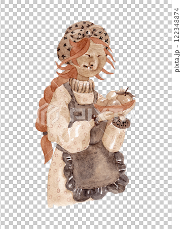 Baba Yaga with one tooth. Fairytale kind granny in a beautiful apron and with a bowl of apples in her hands. Isolated watercolor illustration for your design Baba Yaga with one tooth. Fairytale kind granny in a beautiful apron and with a bowl of apples in her hands. Isolated watercolor illustration for your design 122348874