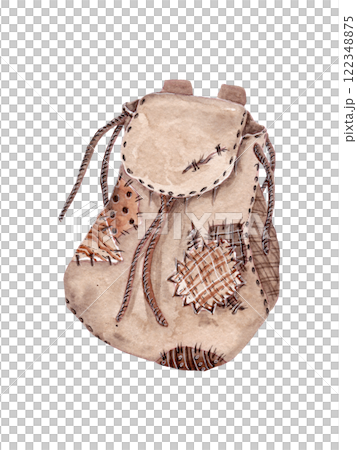 Beige old backpack. Hiking bag in patches. Sports equipment. Isolated watercolor illustration for your design Beige old backpack. Hiking bag in patches. Sports equipment. Isolated watercolor illustration for your design 122348875