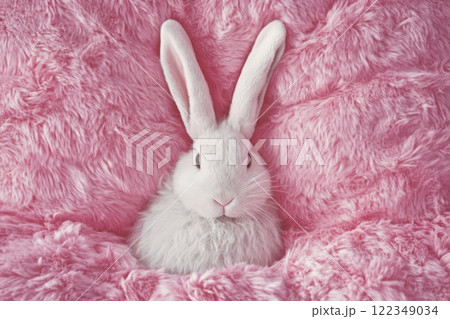 A white rabbit is sitting on a pink blanket 122349034