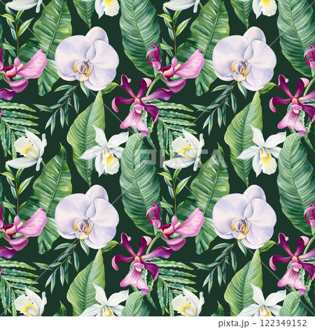 seamless floral pattern orchid flower tropical greenery watercolor exotic botanical design textiles wrapping paper print 122349152