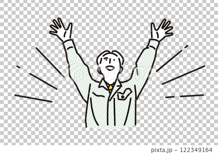 シンプル　イラスト　両手を上げて喜ぶ作業着の男性 122349164