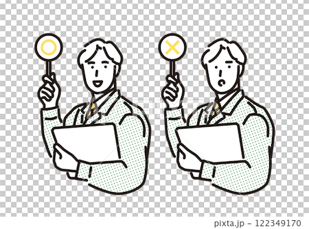 Simple illustration: A male worker raising a sign with a cross Simple illustration: A male worker raising a sign with a cross 122349170