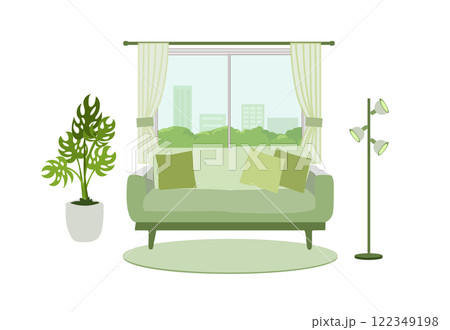 ソファーやライトスタンドのあるおしゃれなリビングルーム 122349198