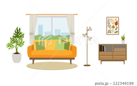 ソファーやキャビネットのあるおしゃれなリビングルーム 122349199