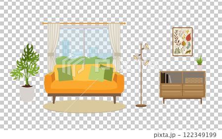 ソファーやキャビネットのあるおしゃれなリビングルーム 122349199